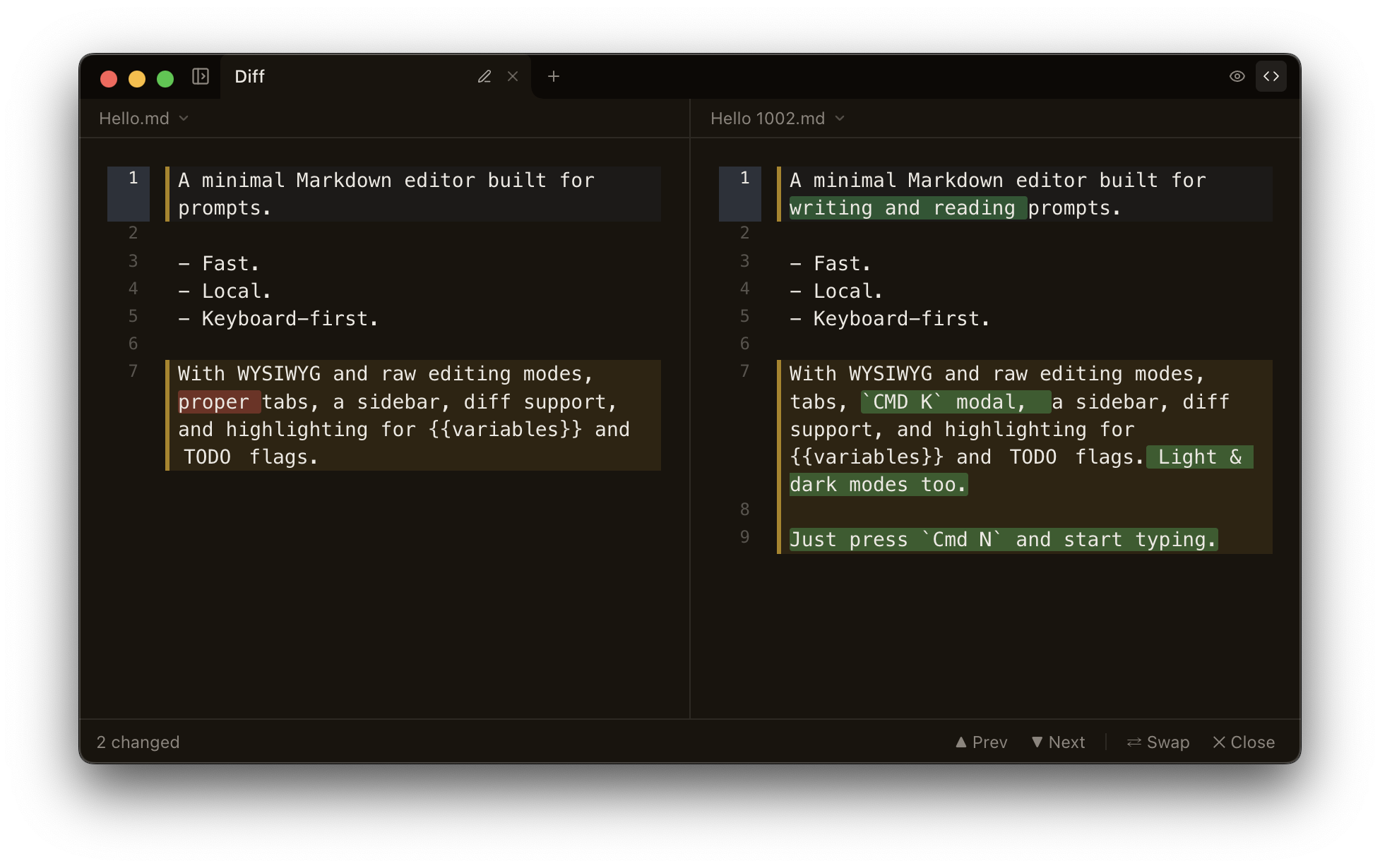 Smarkup diff view comparing two markdown files side by side
